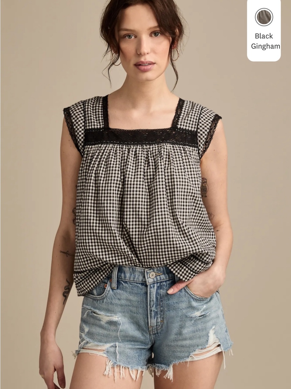 Lucky Brand Lace Trim Tank Top XXL Black Gingham Square Neck Cottagecore Boho - Picture 4 of 14